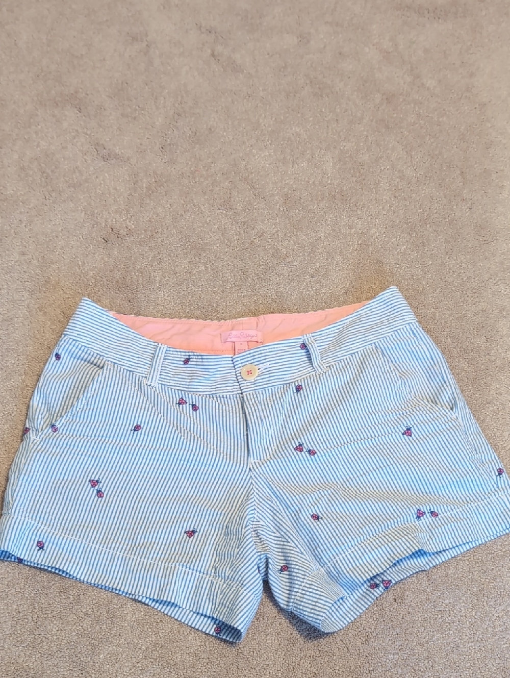 Lilly Pulitzer Blue Stripe Seersucker Cherry-Embroidered Shorts with Pink Lining